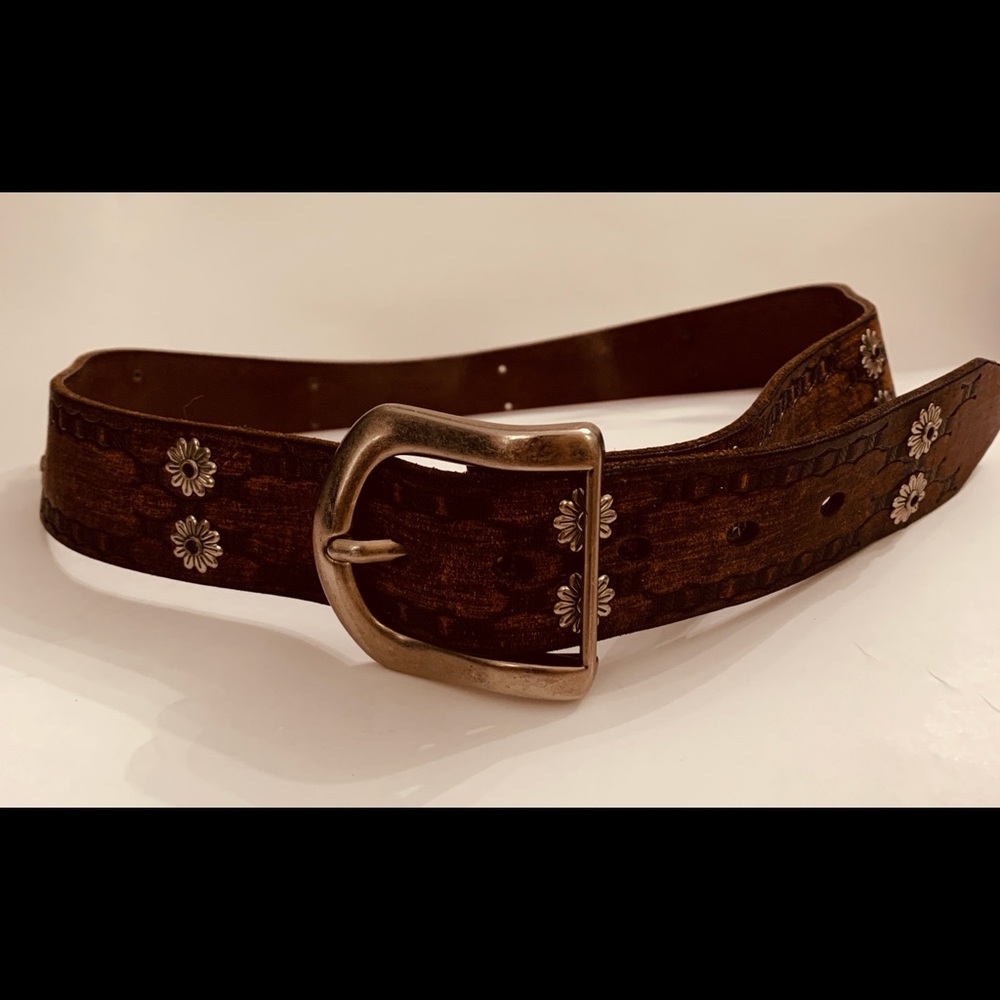 Brown Leather, Metal Florets Embellished Tooled Belt